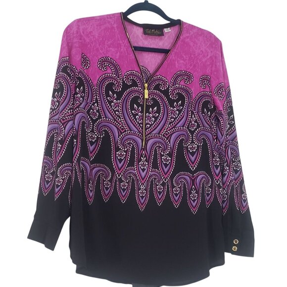 Bob Mackie‎ Womens Wearable Art Zipper Blouse Size M Paisley Artsy Boho Electric - Picture 1 of 9
